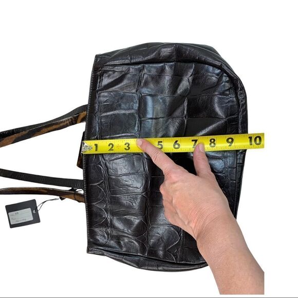 Falor Deep Brown Crocodile Embossed Leather Shoulder Bag Purse Calf Hair Strap - Picture 10 of 13